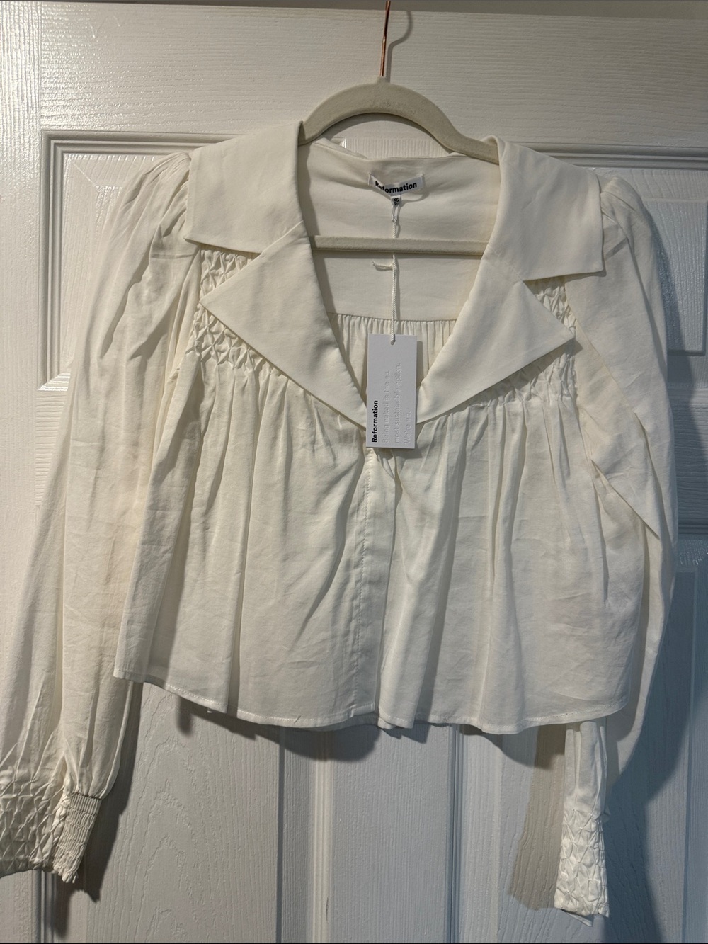 Reformation Cream Smocked Collared Peasant Blouse